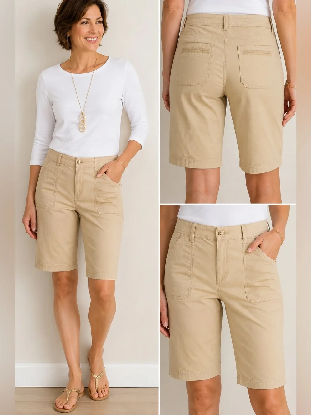 Chico’s Size 0 US 4 Beige Stretch Bermuda Shorts Cotton Spandex Mid Rise